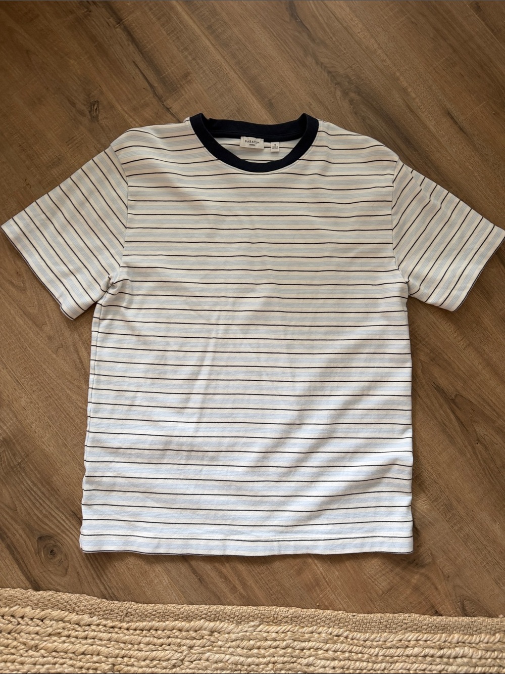 Babaton White Striped Short Sleeve Tee with Navy Collar